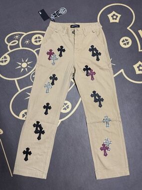 Chrome Hearts Iconic Tan Casual Pants with Multicolor Cross Patches